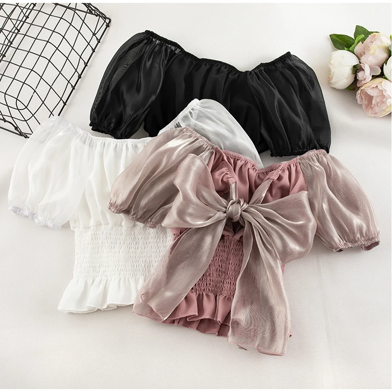 Summer Chiffon Tops Women Sweet Lace Patchwork Puff Sleeve Top Chic Short Style Bow Lace Up Female Short Sleeve Slash Neck Tops
Summer Chiffon Tops Women Sweet Lace Patchwork Puff Sleeve Top Chic Short Style Bow Lace Up Female Short Sleeve Slash Neck Tops
