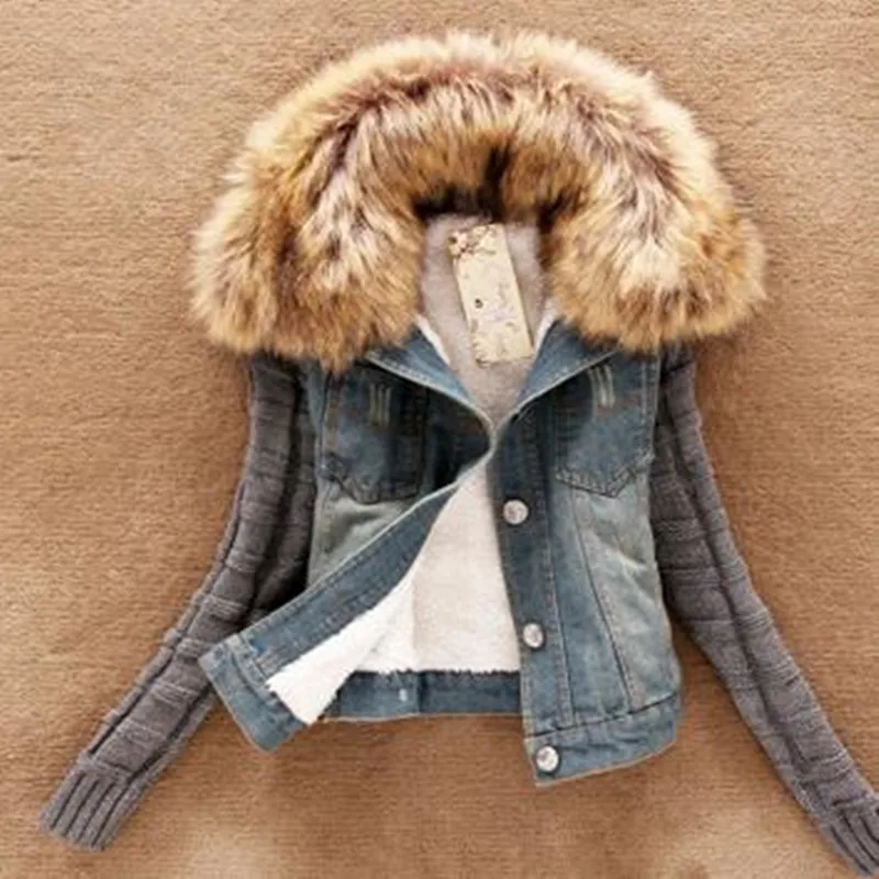 New 5XL Plus Size Autumn Winter Women Coat Casual Slim Big Fake Fur Collar Knitted Sleeve Jeans Jacket Coat For Women Outerwear
New 5XL Plus Size Autumn Winter Women Coat Casual Slim Big Fake Fur Collar Knitted Sleeve Jeans Jacket Coat For Women Outerwear