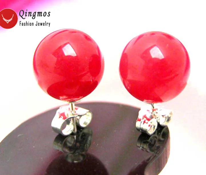 Qingmos Trendy Pink Jades Earrings for Women with 8mm Round Natural Stone Sterling Silver S925 Stud Earring Jewelry ea133 | Украшения и