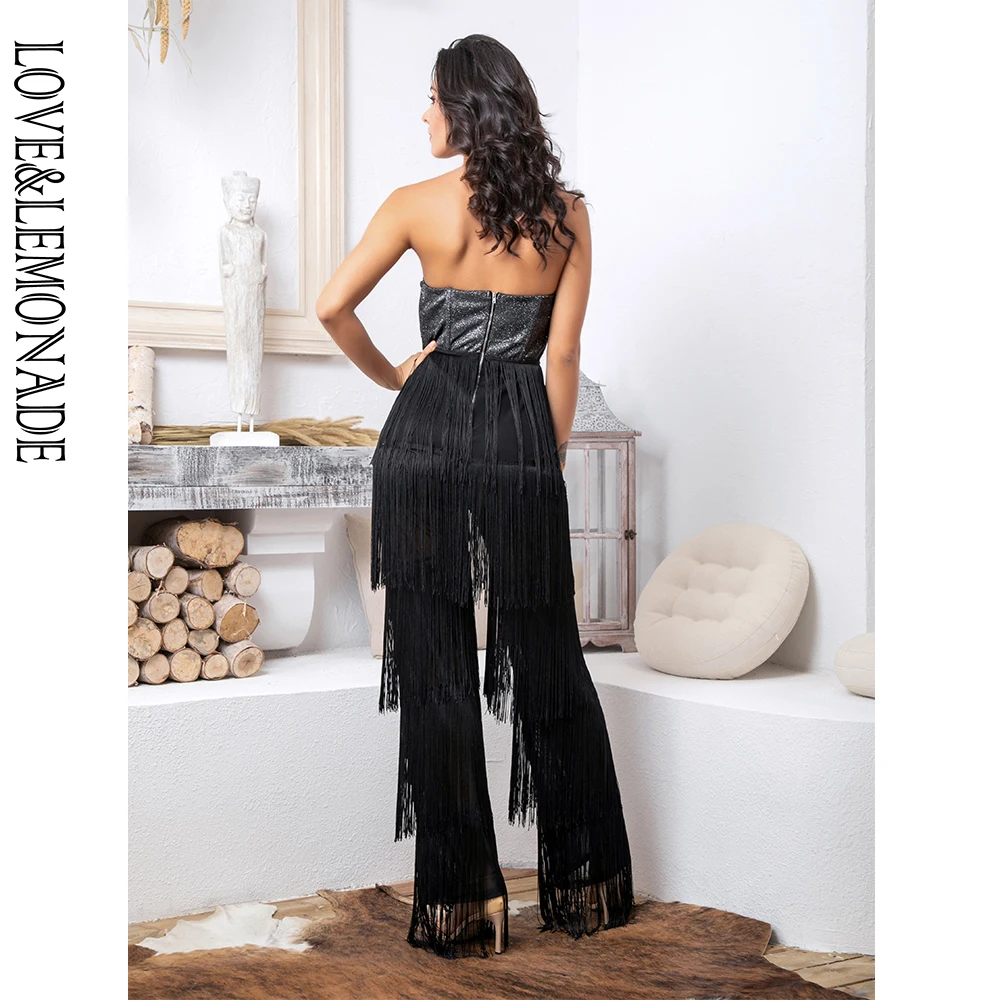 LOVE&LEMONADE Sexy Black Tube Top Reflective Material Tassel Decoration Jumpsuit LM81765
LOVE&LEMONADE Sexy Black Tube Top Reflective Material Tassel Decoration Jumpsuit LM81765