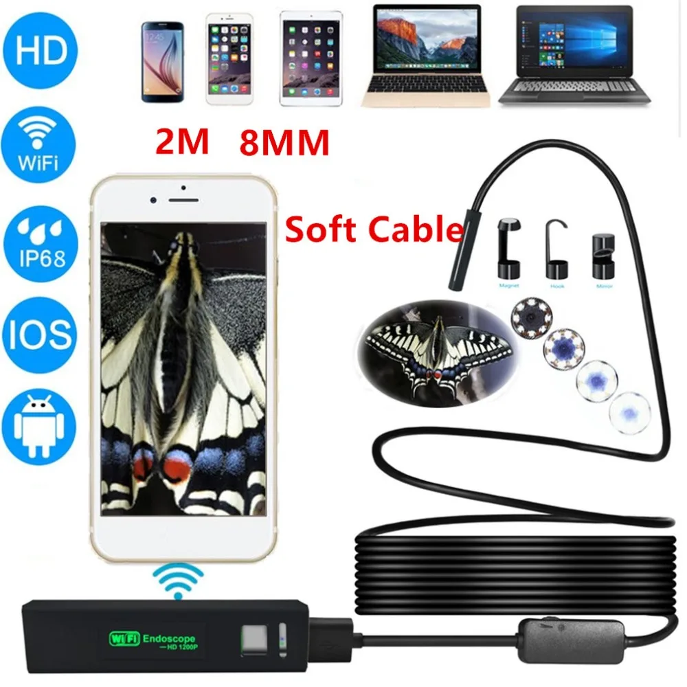 Беспроводной Wi-Fi эндоскоп с объективом 2 м, 8 мм, HD 1200P, миниатюрная Водонепроницаемая камера для осмотра с мягким кабелем, Бороскоп с 8 светодиодами для IOS и Android, ПК
Беспроводной Wi-Fi эндоскоп с объективом 2 м, 8 мм, HD 1200P, миниатюрная Водонепроницаемая камера для осмотра с мягким кабелем, Бороскоп с 8 светодиодами для IOS и Android, ПК