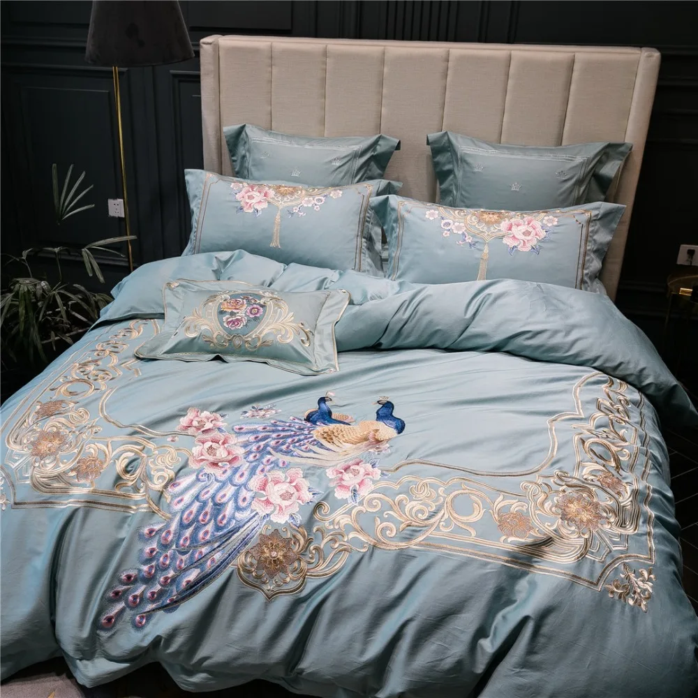 Noble 100S Egyptian cotton Embroidered Bedding sets Peacock Queen King Royal Duvet cover Bed sheet set Pillowcases 4/6pcs Blue
Noble 100S Egyptian cotton Embroidered Bedding sets Peacock Queen King Royal Duvet cover Bed sheet set Pillowcases 4/6pcs Blue