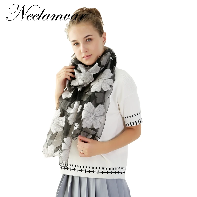 Neelamvar New Elegant Organza Silk Scarf Shawl Fashion flower Silver Grey Female Long Scarves Autumn Winter Ladies Cape
Neelamvar New Elegant Organza Silk Scarf Shawl Fashion flower Silver Grey Female Long Scarves Autumn Winter Ladies Cape