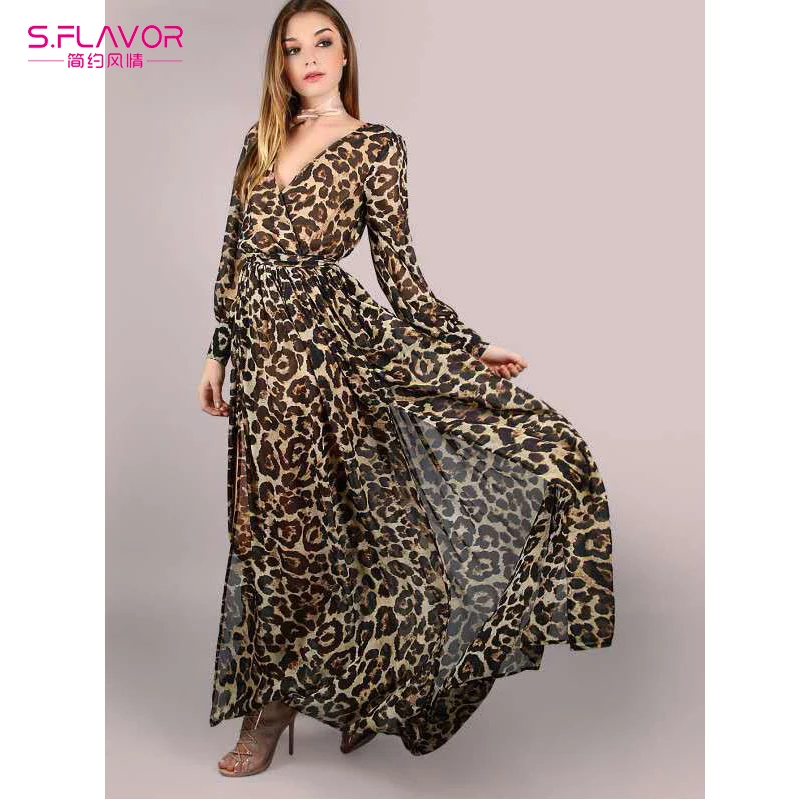 Фото Женское леопардовое платье макси S. FLAVOR весеннее элегантное сексуальное с v