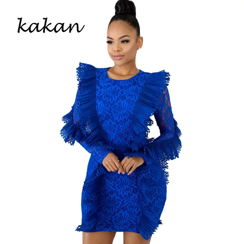 Kakan women's ruffled lace dress round neck perspective bag hip dress white wine red black blue dress
Kakan women's ruffled lace dress round neck perspective bag hip dress white wine red black blue dress