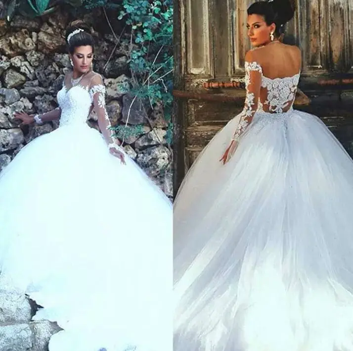 Lace Appliques Vestido De Novia Ball Gown with Long Sleeves Beaded Illusion Jewel Neck Sexy Back Wedding Dresses For Bridal Shop
Lace Appliques Vestido De Novia Ball Gown with Long Sleeves Beaded Illusion Jewel Neck Sexy Back Wedding Dresses For Bridal Shop