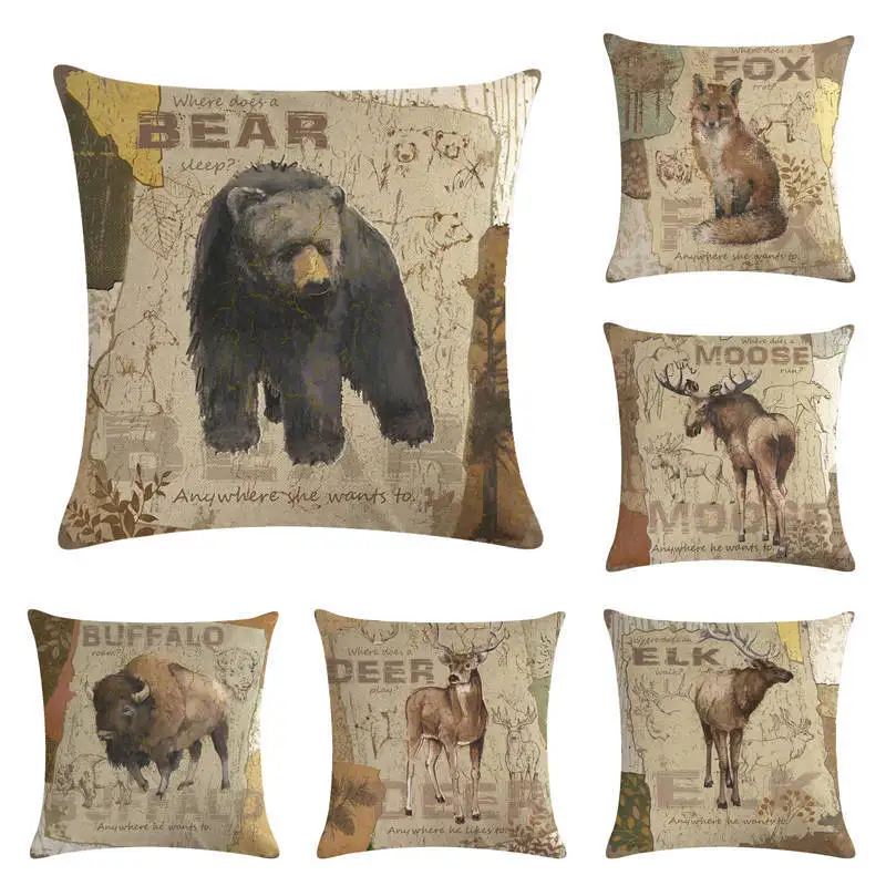 

45x45cm Animal Cotton linen Cushion Cover Bear Pillowcase Wolf Owl Fox Moose Deer Elk Vintage Throw Pillow Cover