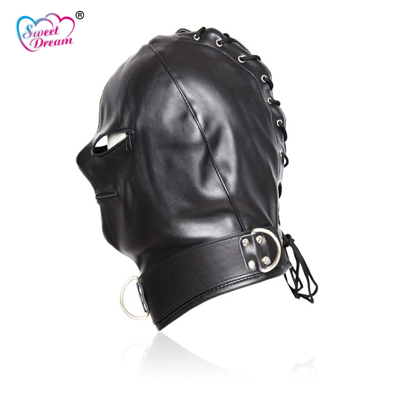 Sweet Dream Black PU Leather Masks Hoods Open Mouth Eyes Fetish Erotic Toys Role Play Adult Game Sex For Couple DW-441 | Красота и