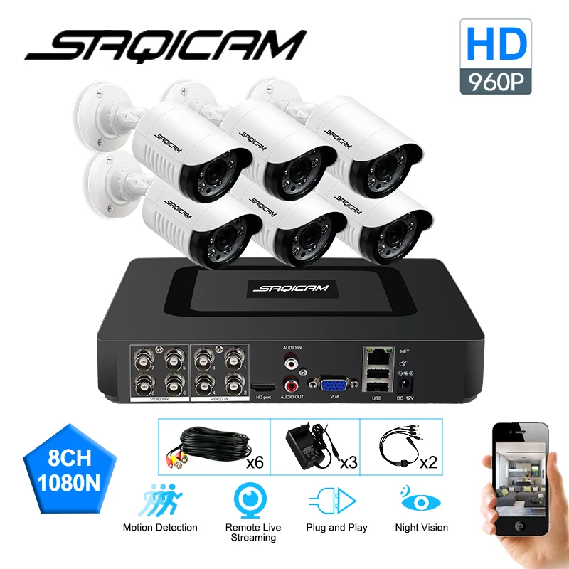 Saqicam 8CH 1080N AHD DVR CCTV камера безопасности системы 6 шт. 1200TVL 960 P ночного видения