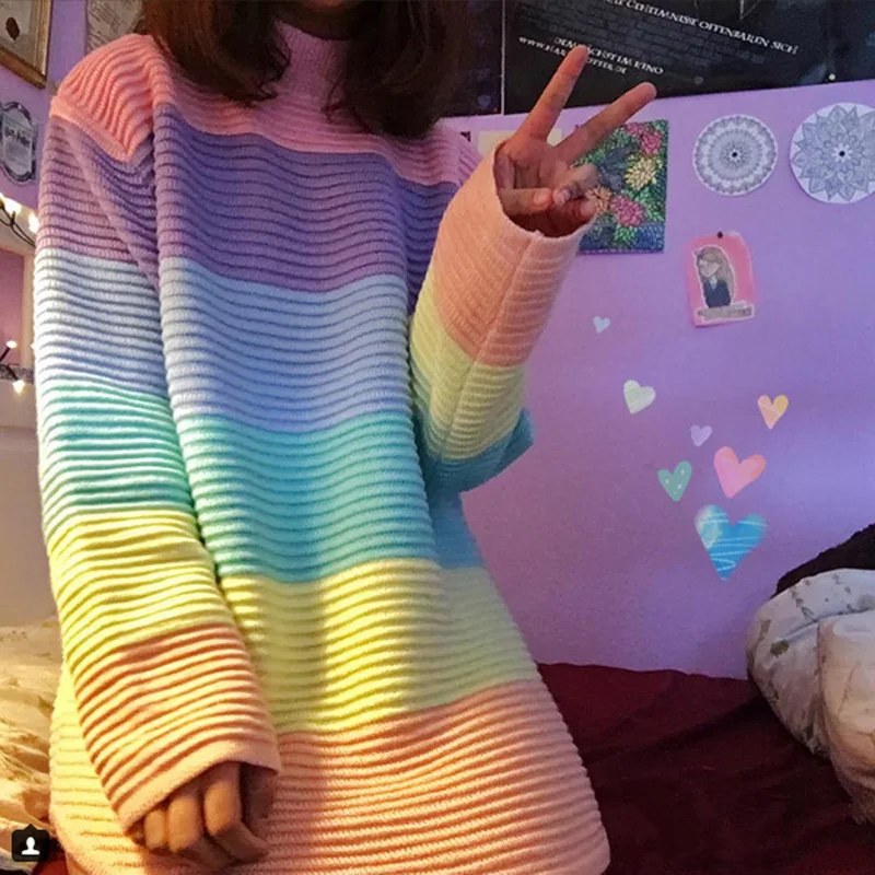 Autumn Turtleneck Rainbow Sweater Women Macaron Color Stripes Pullover Female Sweet Loose Knitted Sweater Oversized Tops
Autumn Turtleneck Rainbow Sweater Women Macaron Color Stripes Pullover Female Sweet Loose Knitted Sweater Oversized Tops