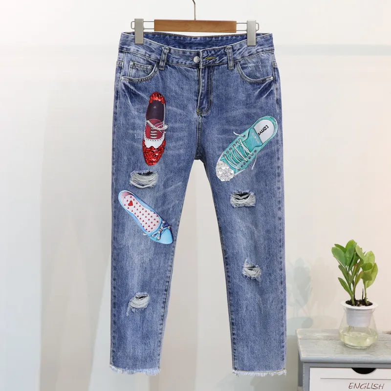 New Summer Women T Shirts Denim Pant Suits Fashion Beading Sequined Shoes Pattern Tshirt + Hole Tassel Calf-Length Trousers Sets
New Summer Women T Shirts Denim Pant Suits Fashion Beading Sequined Shoes Pattern Tshirt + Hole Tassel Calf-Length Trousers Sets