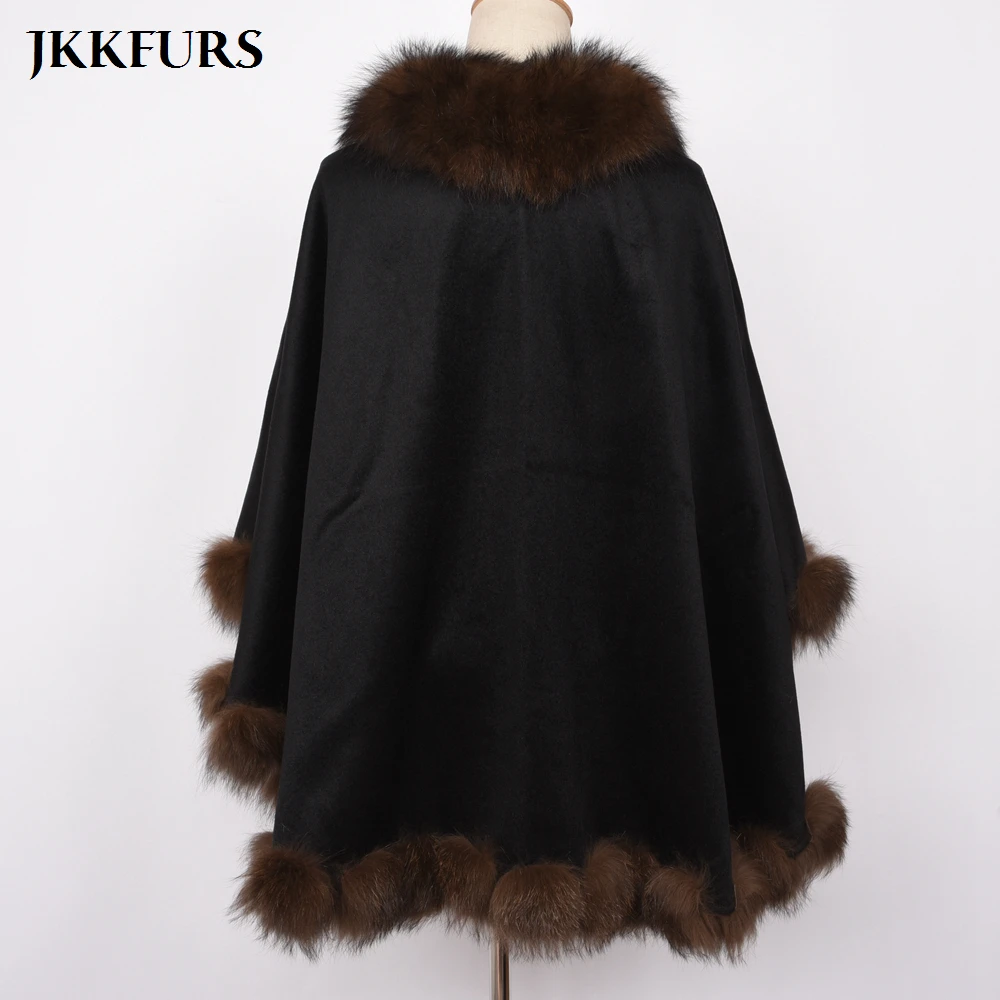Women's Luxury Real Fur Poncho Genuine Fox Fur Collar Trim & Wool Cashmere Cape Fashion Style Winter Warm Fluffy Fur Coat S7446 
Women's Luxury Real Fur Poncho Genuine Fox Fur Collar Trim & Wool Cashmere Cape Fashion Style Winter Warm Fluffy Fur Coat S7446