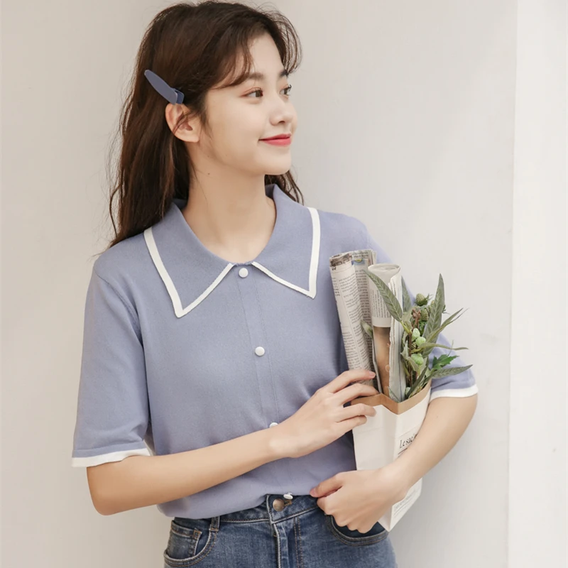 2021 New Japan Style Cute Single-breasted Turn-down Collar Short Sleeve T-shirts Women Summer Small Fresh Slim Knitted Tee Shirt
2021 New Japan Style Cute Single-breasted Turn-down Collar Short Sleeve T-shirts Women Summer Small Fresh Slim Knitted Tee Shirt