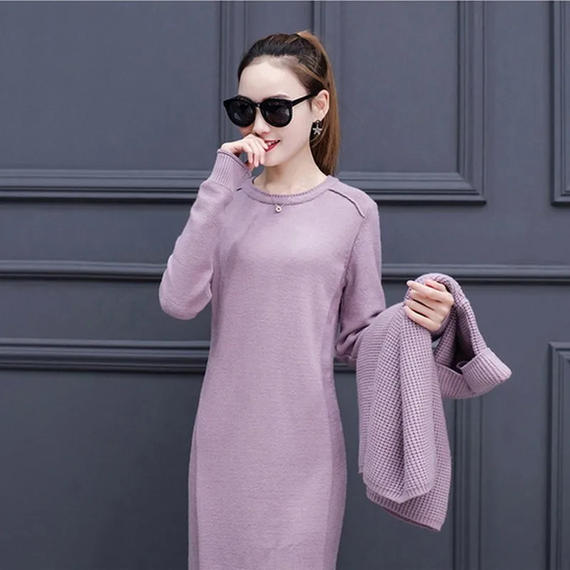 2020 New Autumn Winter Lady Sets Fashion Solid Turtleneck Top Sweater Mid Calf Long Dress 2 Piece Set Ladies Casual Knitted Suit | Женская