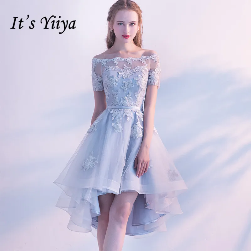 Кружевное платье на выпускной It's YiiYa серое официальное длиной ниже колена с