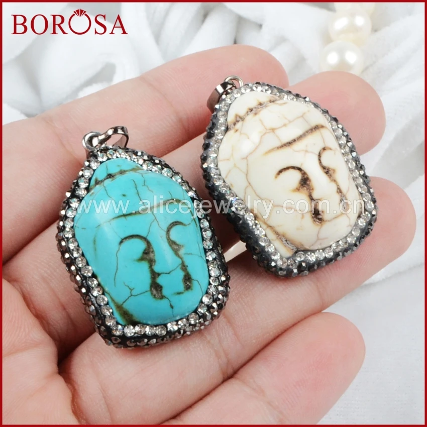 BOROSA 10 шт Синий/Белый Howlite камень резная фигурка в виде головы Будды кулон