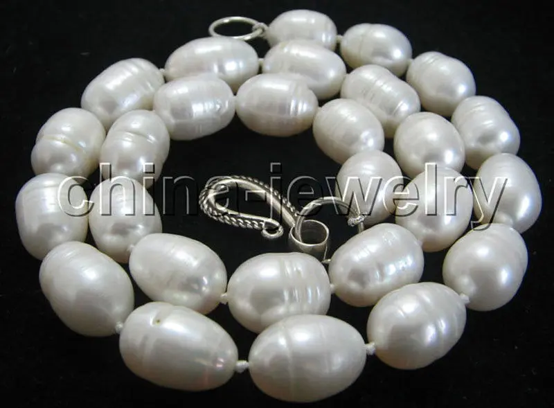 

P2011-18" 14mm natural white baroque freshwater pearl necklace -925 silver clasp