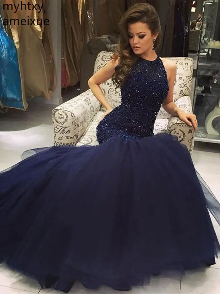 New Luxury Halter Beaded Tulle Mermaid Sapphire Blue Evening Dresses Party Long Prom Formal Gown Robe De Soiree Longue Plus Size
New Luxury Halter Beaded Tulle Mermaid Sapphire Blue Evening Dresses Party Long Prom Formal Gown Robe De Soiree Longue Plus Size
