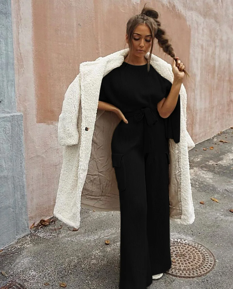 Rib Knit Round Neck With Pants Elegant Autumn Winter Women Casual Suits Women Set