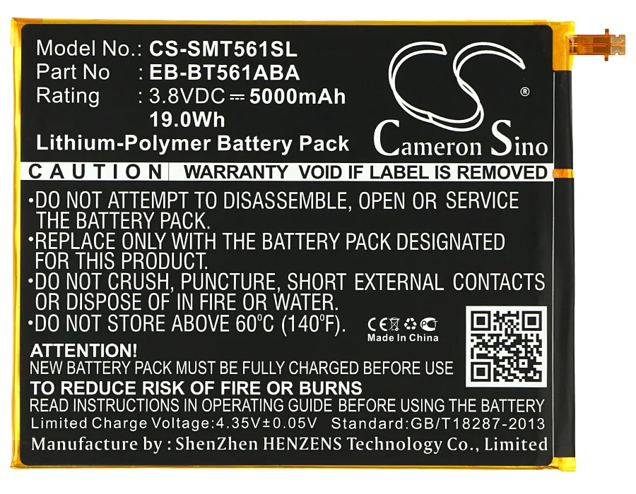 

Аккумулятор Cameron Sino 5000 мА · ч EB-BT561ABA, EB-BT561ABE для Samsung SM-T560, SM-T561, SM-T565, Galaxy Tab E Nook Edition 9,6
