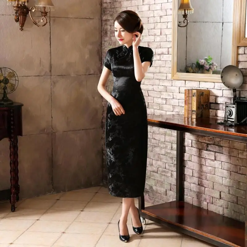 Женское длинное платье чонсам черное в традиционном китайском стиле модель J3086 -