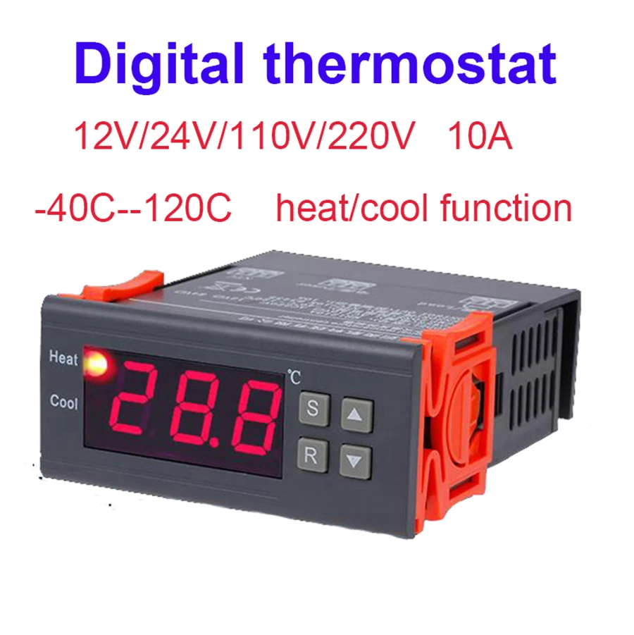 

Цифровой термостат, регулятор температуры для аквариума, тепловой регулятор для инкубатора, Функция нагрева/охлаждения, 10A 110 В/220 В -- 40C--120C
