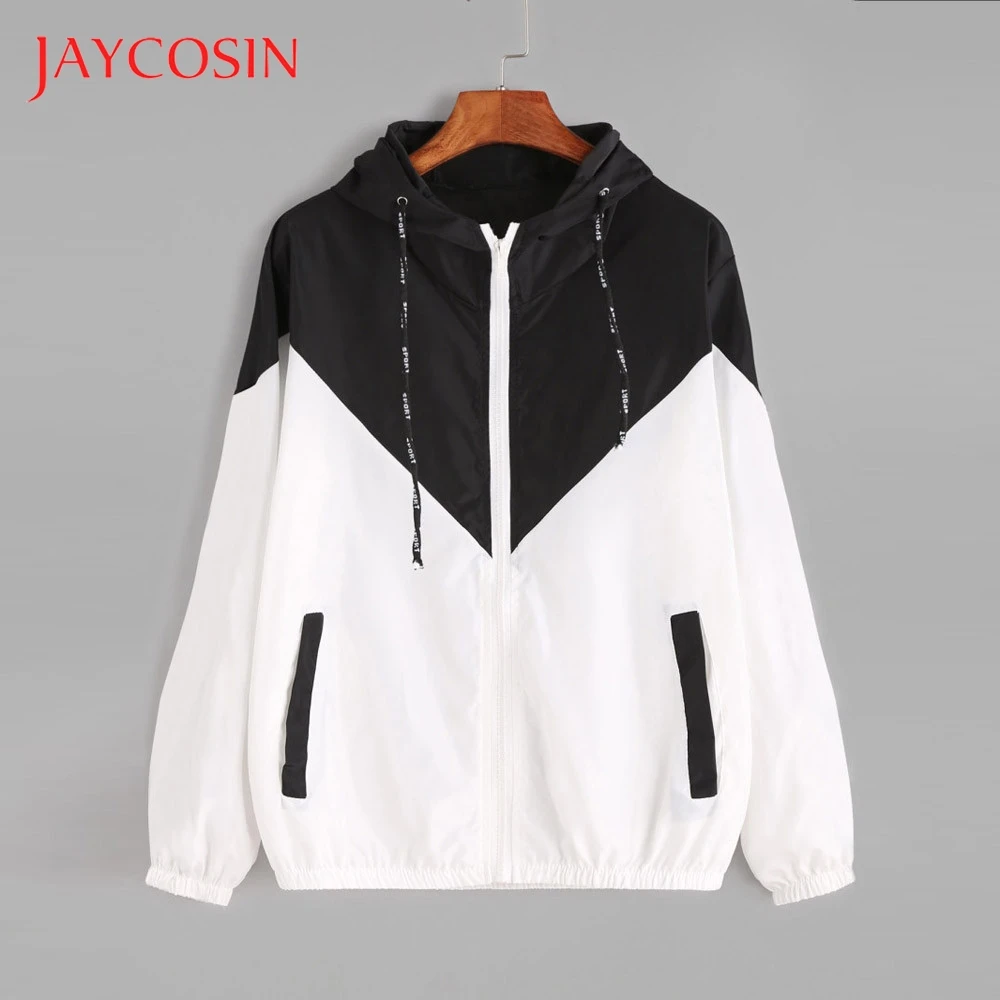 JAYCOSIN с длинным рукавом лоскутное женское тонкое пальто капюшоном на молнии