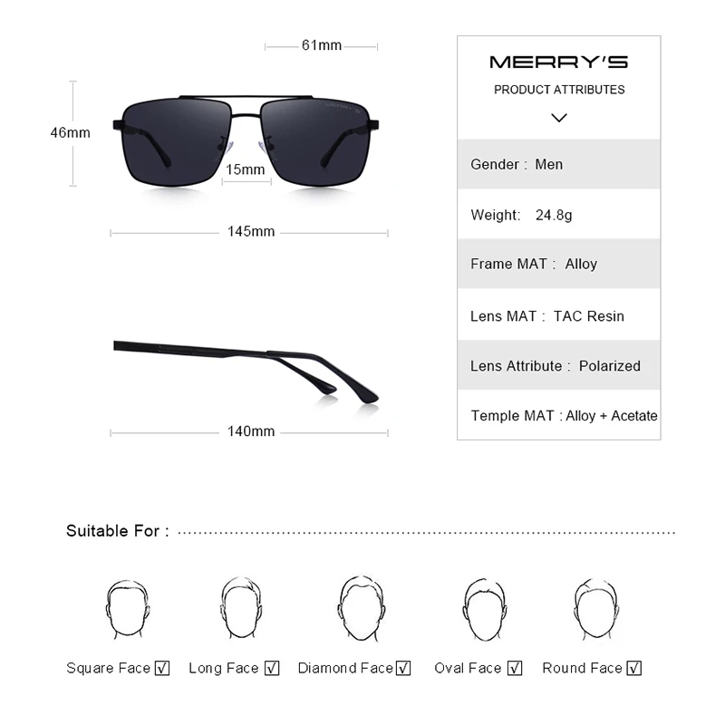 Мужские прямоугольные солнцезащитные очки MERRY'S поляризационные в авиационной