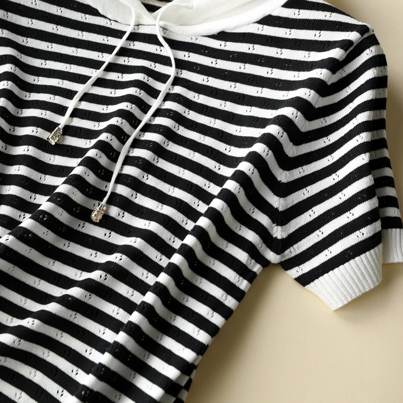 Summer Spring and Autumn New Cashmere Sweater Women's Fashion Hooded Short Sleeve Pull Casual Couture Striped Sweaters
Summer Spring and Autumn New Cashmere Sweater Women's Fashion Hooded Short Sleeve Pull Casual Couture Striped Sweaters