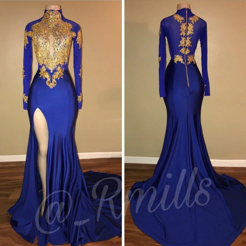 Royal Blue Mermaid Long Prom Dresses 2019 New Gold Lace Applique Split Side High Neck Formal Evening Dress Party Gowns
Royal Blue Mermaid Long Prom Dresses 2019 New Gold Lace Applique Split Side High Neck Formal Evening Dress Party Gowns