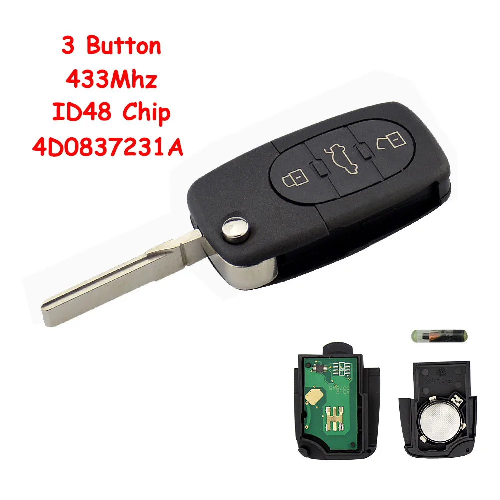 OkeyTech 4D0837231A 3 Button Flip Folding Remote Control Key 433Mhz ID48 Chip for Audi A3 A4 A6 A8 Old Models RS4 TT Quttro
OkeyTech 4D0837231A 3 Button Flip Folding Remote Control Key 433Mhz ID48 Chip for Audi A3 A4 A6 A8 Old Models RS4 TT Quttro