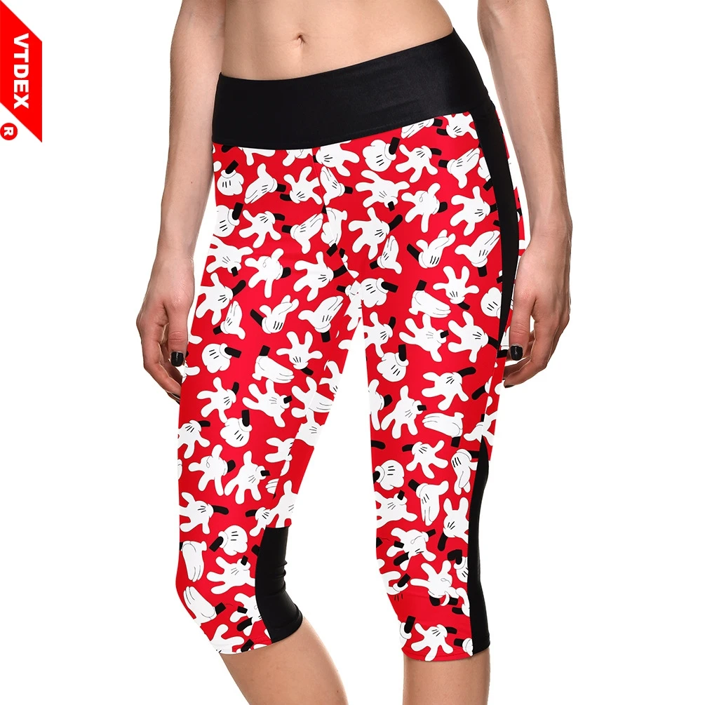 Стрейч Йога Капри VTDEX красный с Микки Маусом узор открытый Joggings Спортивные