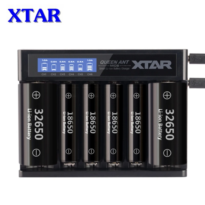 XTAR королева ANT MC6 6 слотов Dual USB Вход интеллектуальные Батарея Зарядное устройство
