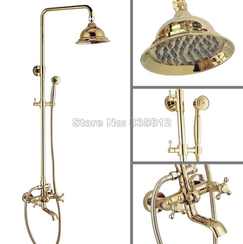 Gold Brass Bathroom Rain Shower Faucet Sets Bath Tub Wall Mount Dual Cross Handle Mixer Taps with Hand Shower Spray Wgf386
Gold Brass Bathroom Rain Shower Faucet Sets Bath Tub Wall Mount Dual Cross Handle Mixer Taps with Hand Shower Spray Wgf386