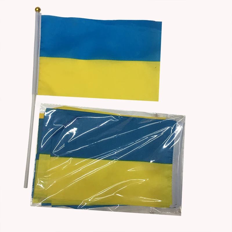 100pcs/lot 14 * 21cm Ukraine flag hand wave flags with plastic flagpole Polyester Printing banner
100pcs/lot 14 * 21cm Ukraine flag hand wave flags with plastic flagpole Polyester Printing banner