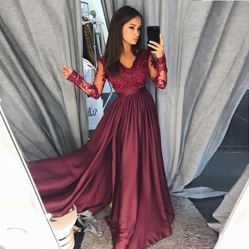 Evening Dresses Long V Neck Lace Long Sleeves Satin Elegant Formal Party Gowns Sexy Side Split Evening Gowns Robe De Soiree
Evening Dresses Long V Neck Lace Long Sleeves Satin Elegant Formal Party Gowns Sexy Side Split Evening Gowns Robe De Soiree