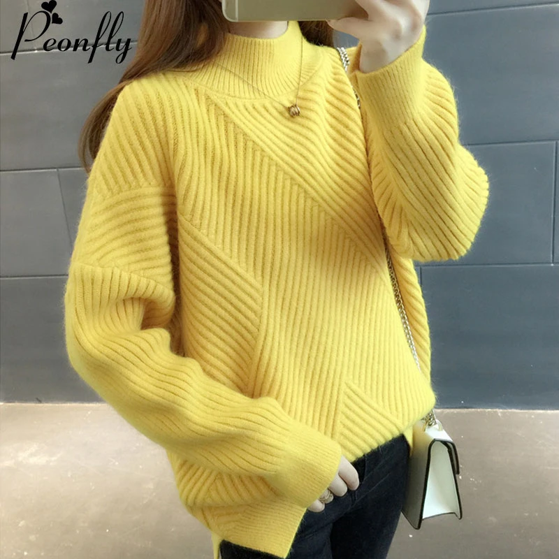 PEONFLY New 2019 Loose Thick Warm Winter Pullover Sweater Women Jumper Half Turtleneck Long Sleeve Knit Yellow Female | Женская одежда