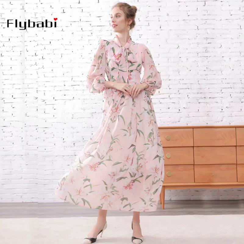 Large lily printing silk bow Ankle-Length High Quality full sleeve Flowers Elegant Seaside holiday Beach Style maxi long dress
Large lily printing silk bow Ankle-Length High Quality full sleeve Flowers Elegant Seaside holiday Beach Style maxi long dress