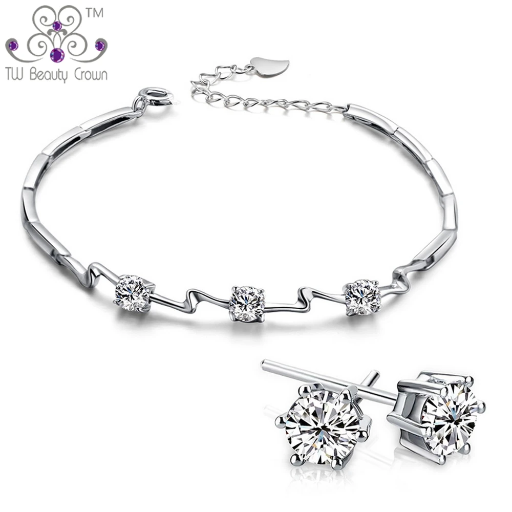 High Quality Real 925 Pure Silver Classic White Crystal Cubic Zirconia Round Stud Earrings Bracelet Fashion Wedding Jewelry Sets
High Quality Real 925 Pure Silver Classic White Crystal Cubic Zirconia Round Stud Earrings Bracelet Fashion Wedding Jewelry Sets