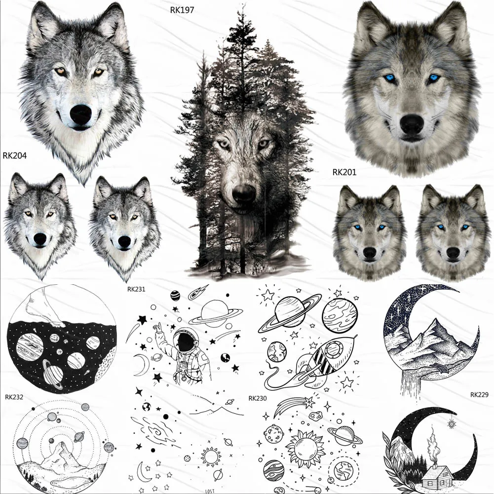 

OMMGO Forest Tribal Wolf Men Women Temporary Tattoos Waterproof Body Art Planets Tatoo Paper Arm Face Fake Little Tattoo Sticker