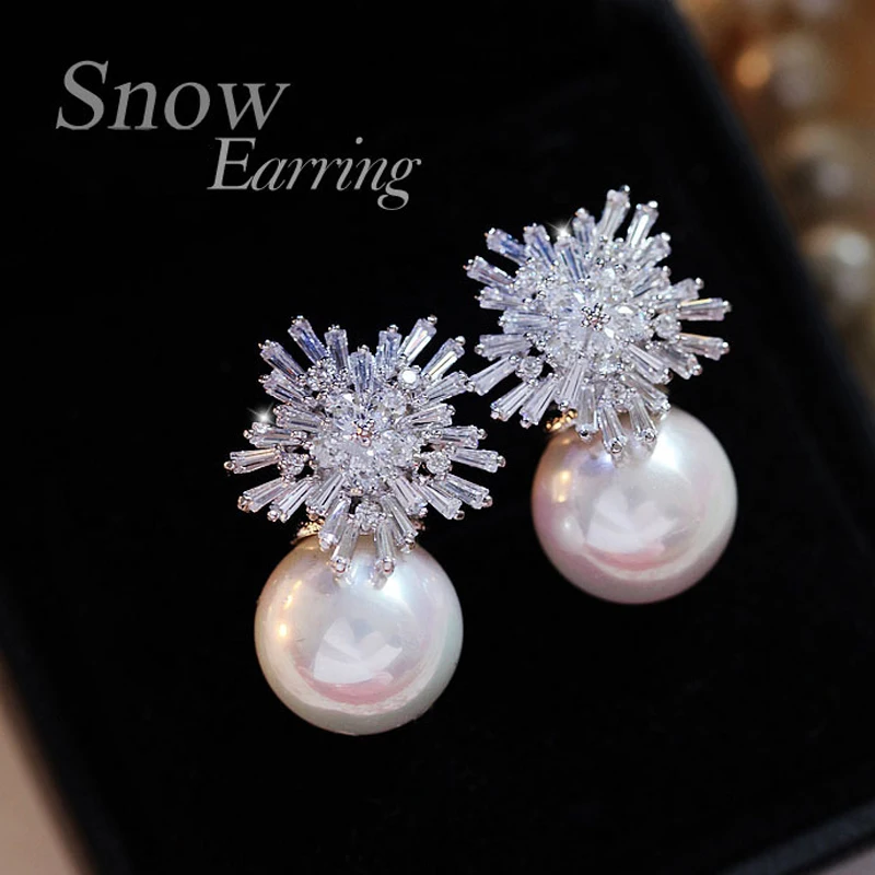 Женские серьги с жемчугом модные со снежинками и кристаллами очаровательные