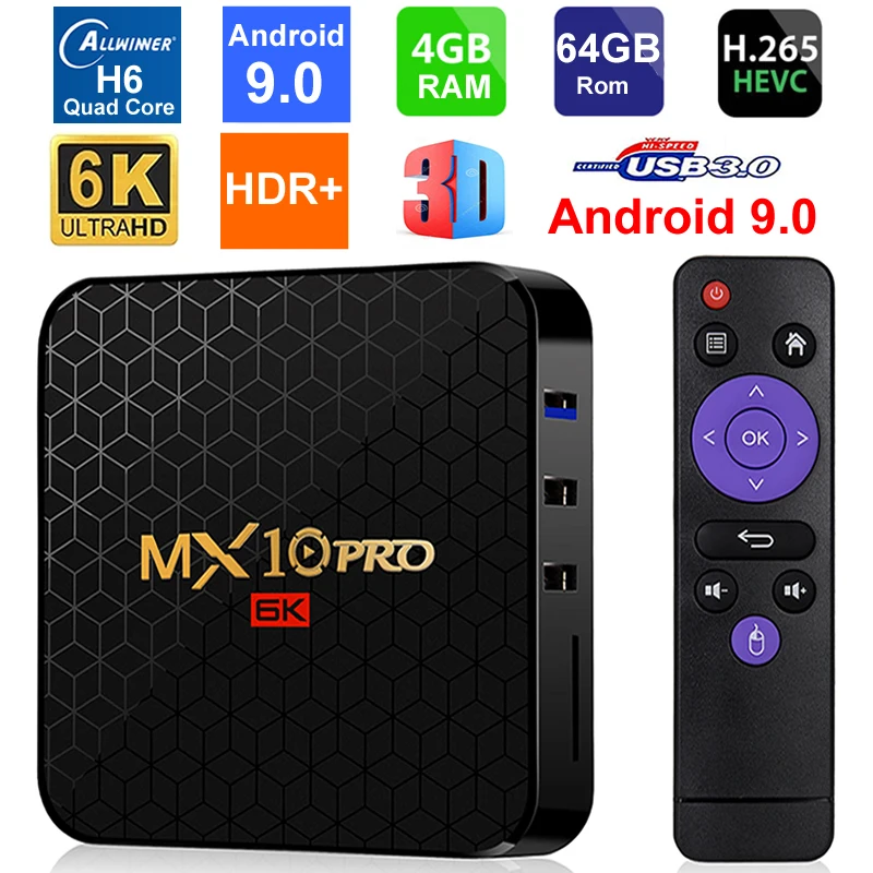 Смарт ТВ приставка MX10 PRO 6K Android 9 0 четырехъядерный Allwinner H6 4 Гб ОЗУ 64 ПЗУ USB3.0 Wi Fi 3D UHD