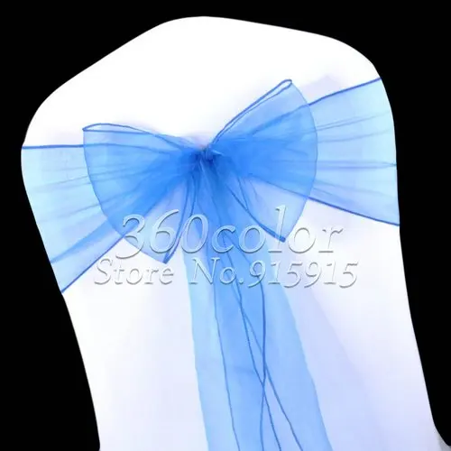 Фото 100 шт. Королевский синий прозрачный чехол из органзы для стула с поясом и бантом