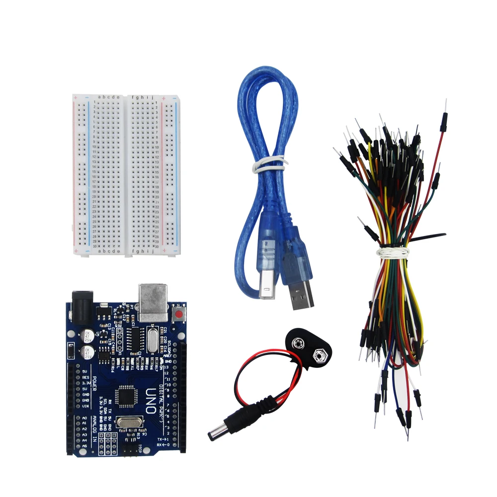 Starter Kit for Uno R3 - Bundle of 5 Items: Uno R3, Breadboard, Jumper Wires, USB Cable and 9V Battery Connector
Starter Kit for Uno R3 - Bundle of 5 Items: Uno R3, Breadboard, Jumper Wires, USB Cable and 9V Battery Connector