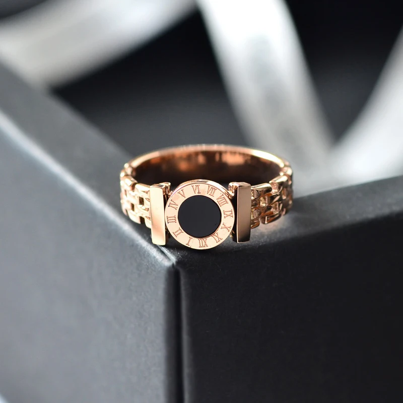 

YUN RUO Rose Gold Color Black Roman Numerals Couple Ring For Woman Man Gift Party Stainless Steel Jewelry Top Quality Never Fade