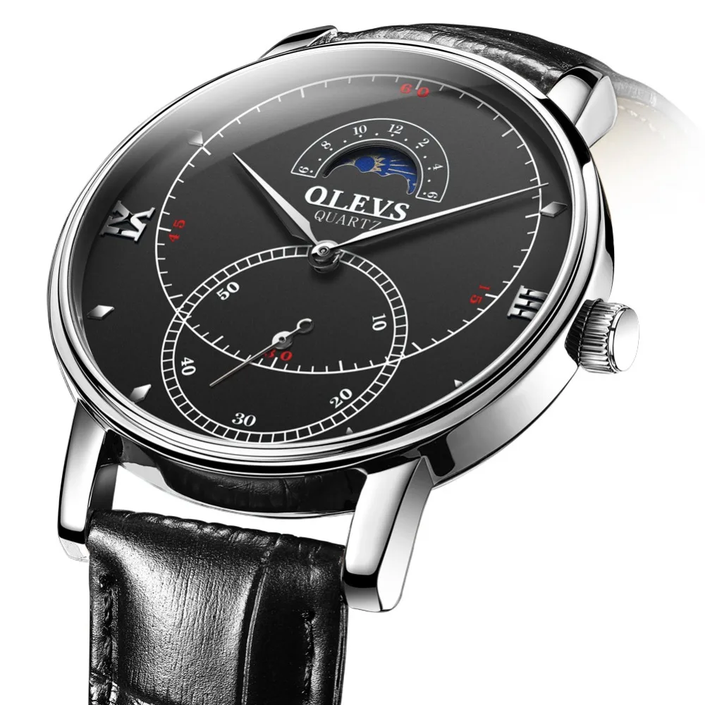 OLEVS деловые мужские часы Moon Phase черные кожаные кварцевые для мужчин