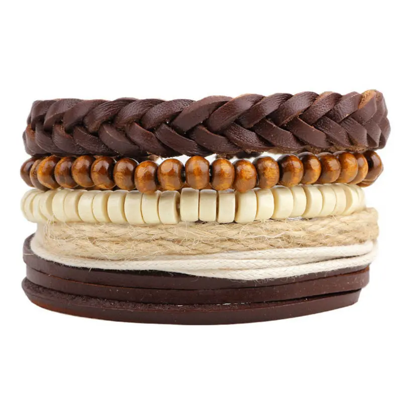 Фото 1 комплект многослойный Плетеный Кожаный браслет с деревянными бусинами|leather