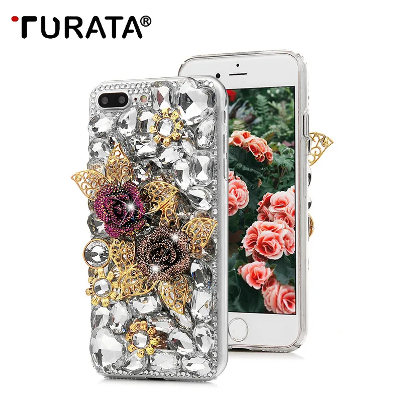 3D горный хрусталь чехол для iPhone X 6 S 7 8 плюс Золотая Роза Листья Bling С кристалалми и