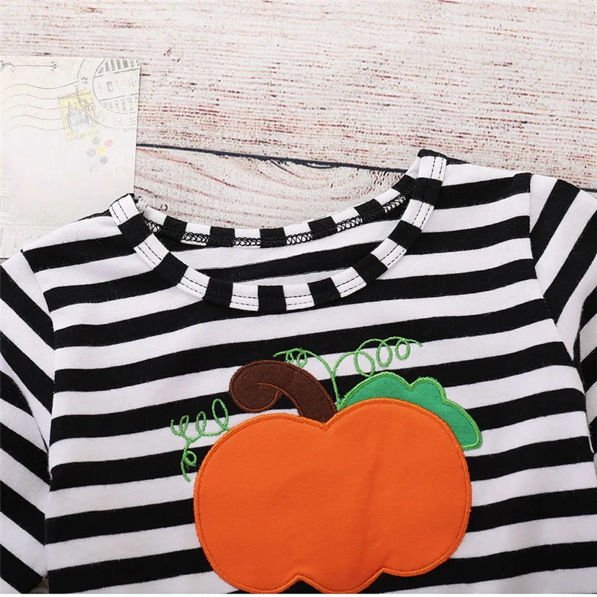 Halloween Dress Kids Baby Girls Pumpkin Striped Print Long Sleeve Dress+Headbands Set Sep#1 | Детская одежда и обувь