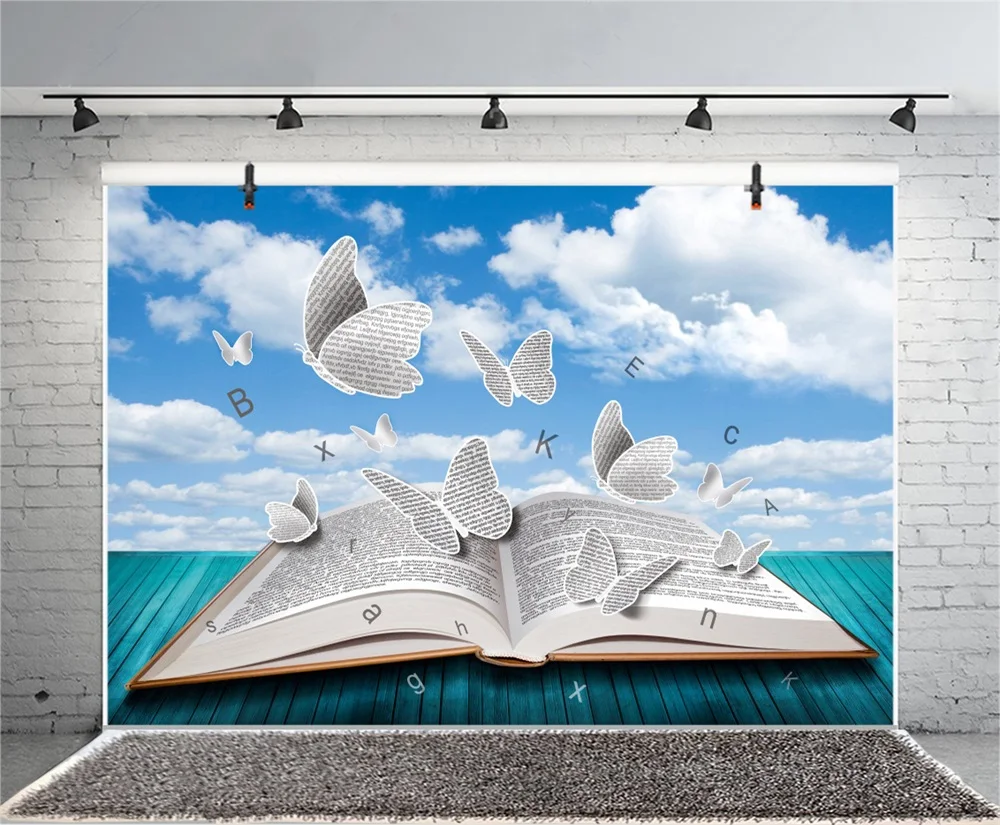 Фотофоны Laeacco Magic Book с бабочками декоративная деревянная доска пасмурное небо